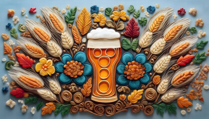 Naklejka premium embroidery, beer, glas, getränk, neu, close up, wiesn, bayern, oktoberfest, münchen, bayrisch, floral, trinken, feier, party, fest, feiern, dekoration, stickerei, gestickt, ad, copy space, kreativ, 3d