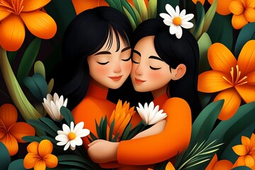 Hugging Day moments of love illustrated with simple, clean lines and warm, comforting colors