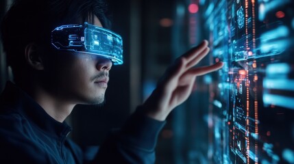 Fototapeta premium Cyberpunk Man Interacting With Digital Interface