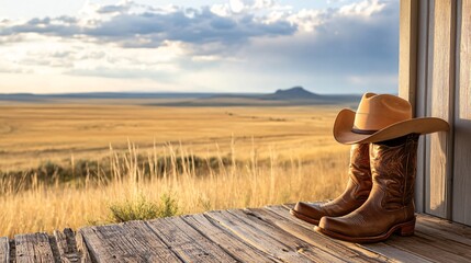 Cowboy hat and boots on a porch, overlooking wide open plains