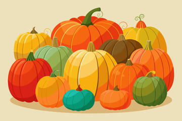 Various pumpkin illustrations showcasing multiple colors and sizes, perfect for autumnal and harvest themes
