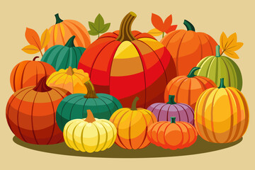 Various pumpkin illustrations showcasing multiple colors and sizes, perfect for autumnal and harvest themes
