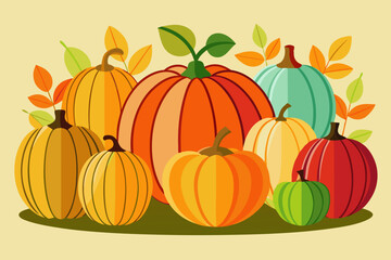 Various pumpkin illustrations showcasing multiple colors and sizes, perfect for autumnal and harvest themes
