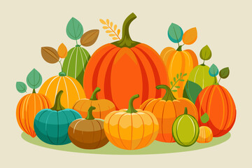 Various pumpkin illustrations showcasing multiple colors and sizes, perfect for autumnal and harvest themes
