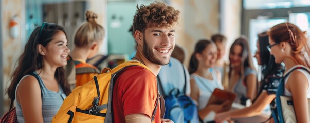 Young student smiling with friends at school hallway.