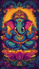 Lord Ganesha poster, fine art print, religious poster india, vibrant colors, handdrawn cartoon style, indian cartoon stylePatron of intellectuals, bankers, scribers, authors, sciences, wisdom.Also kno