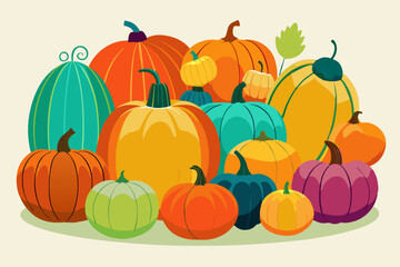 Various pumpkin illustrations showcasing multiple colors and sizes, perfect for autumnal and harvest themes
