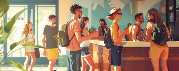 Young student smiling with friends at school hallway.