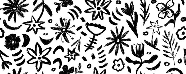 Vector seamless pattern with hand drawn flowers and leaves. Charcoal drawing flowers and leaves, small branches. Artistic botanical cliparts. Flower silhouettes painted with charcoal.
