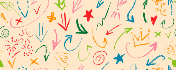 Charcoal pencil shapes and doodles seamless pattern. Hand drawn vector quirky shapes in punk or childish style. Naive playful abstract charcoal scribbles. Doodles and curved lines.