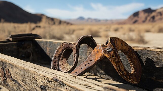 Rusted spurs lying on an old wooden crate, desert behind