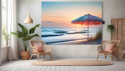 Obraz premium A lone beach umbrella on an empty beach at sunset, soft waves lapping at the shore, warm golden hour light, serene and peaceful atmosphere