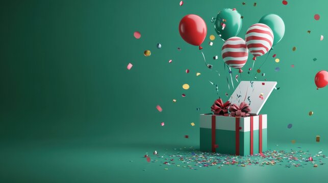 3d rendering of open gift box with balloon and confetti on green background, birthday or christmas party concept, isolated banner template for sale promotion, lifestyle advertising with copy space