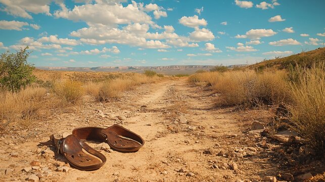 Rusty spurs lying on a dusty trail, tumbleweed in the distance