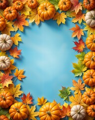 Autumn frame of pumpkins and orange leaves on blue pastel background, halloween or autumn holidays and events concept. design for postcard, invitation, poster. top view, copy space