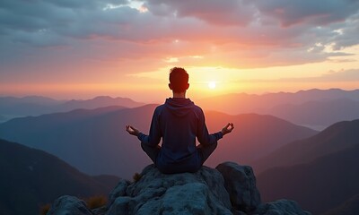 Obraz premium Young adult meditating on mountn peak at dusk 