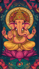 Lord Ganesha poster, fine art print, religious poster india, vibrant colors, handdrawn cartoon style, indian cartoon stylePatron of intellectuals, bankers, scribers, authors, sciences, wisdom.Also kno