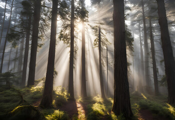 Obraz premium Sunrise in the misty forest with sun rays passing through the trees