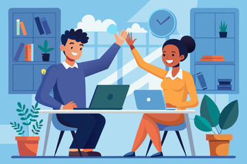 Two animated professionals high-five across a desk with a laptop in a modern office. The scene conveys a sense of achievement, teamwork, and positivity. 
