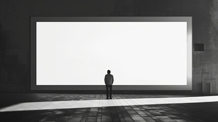 Obraz premium A man stands in front of a large white billboard