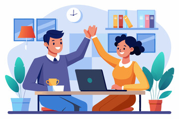 Two animated professionals high-five across a desk with a laptop in a modern office. The scene conveys a sense of achievement, teamwork, and positivity. 
