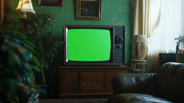 In the living room, there's a vintage TV with a green screen, similar to those found in the 1990s