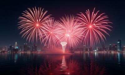 Illuminated skyline explodes with vibrant firework display generated by 