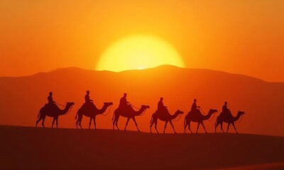 Camel caravan in the desert at sunrise  generated image