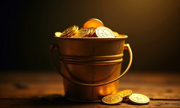 A bucket of coins is filled with gold coins.