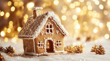 Christmas gingerbread house decoration on white background of defocused golden lights. Hand decorated.