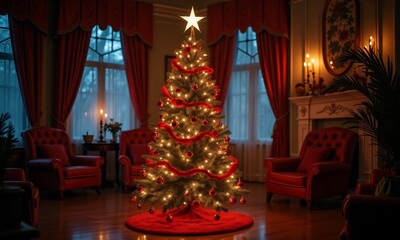 Fototapeta premium Indoor christmas tree decorated with lots of ornaments