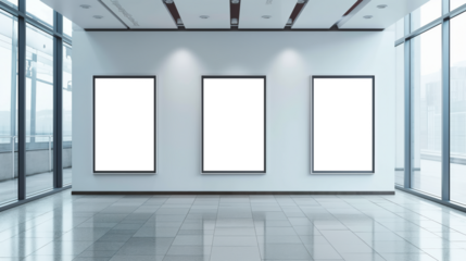 A white room with three empty picture frames on the wall Mockups, Transparent PNG