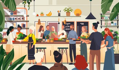 Vegan cooking class group people kitchen. Diverse participants preparing plant-based meals in a modern kitchen with vibrant decor and greenery