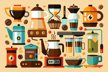 A detailed illustration featuring various coffee brewing tools and cups, illustrating the different devices and accessories used to prepare and enjoy coffee drinks.
