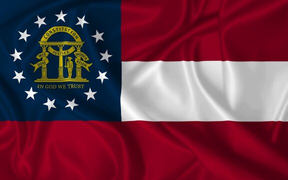 Flag of Georgia State waving in the wind on silk texture