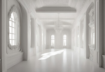 Luxury white empty hall with white walls, ceiling.