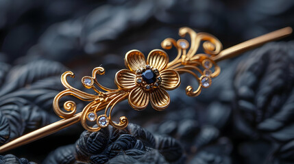 Golden Floral Hairpin with Black Gemstones on Dark Background - Jewelry Photography