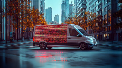 A self-driving van delivers packages to specific locations within a city using a smartphone app that displays order information and tracks the vehicle's GPS location, showing the future of delivery