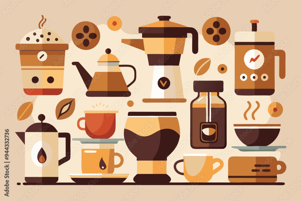 Fototapete this set of clean, simple illustrations showcases various coffee cups and brewing methods. ideal for