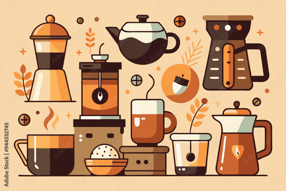 Fototapete this set of clean, simple illustrations showcases various coffee cups and brewing methods. ideal for
