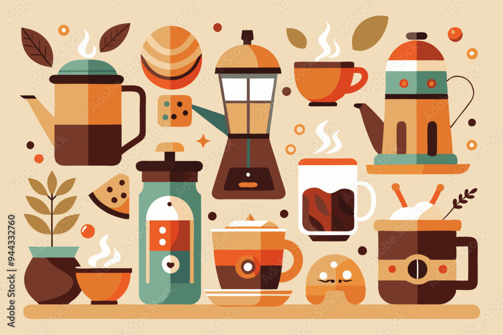 Fototapete this set of clean, simple illustrations showcases various coffee cups and brewing methods. ideal for