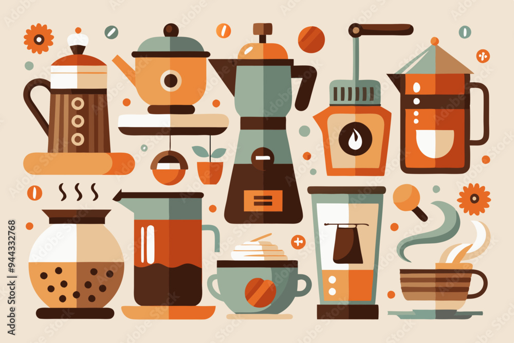 Fototapete this set of clean, simple illustrations showcases various coffee cups and brewing methods. ideal for