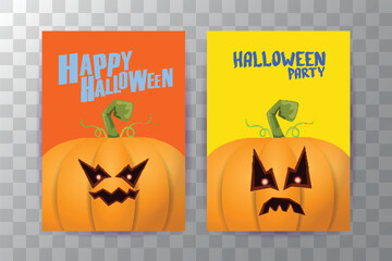 Halloween vertical cartoon posters set with Halloween scary pumpkins . Funky kids Halloween background with space for text