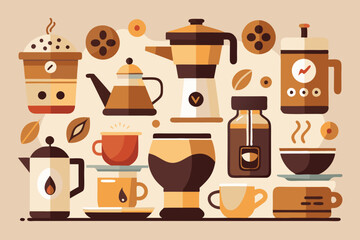 This set of clean, simple illustrations showcases various coffee cups and brewing methods. Ideal for modern coffee culture, it highlights different styles and designs in a minimalist approac
