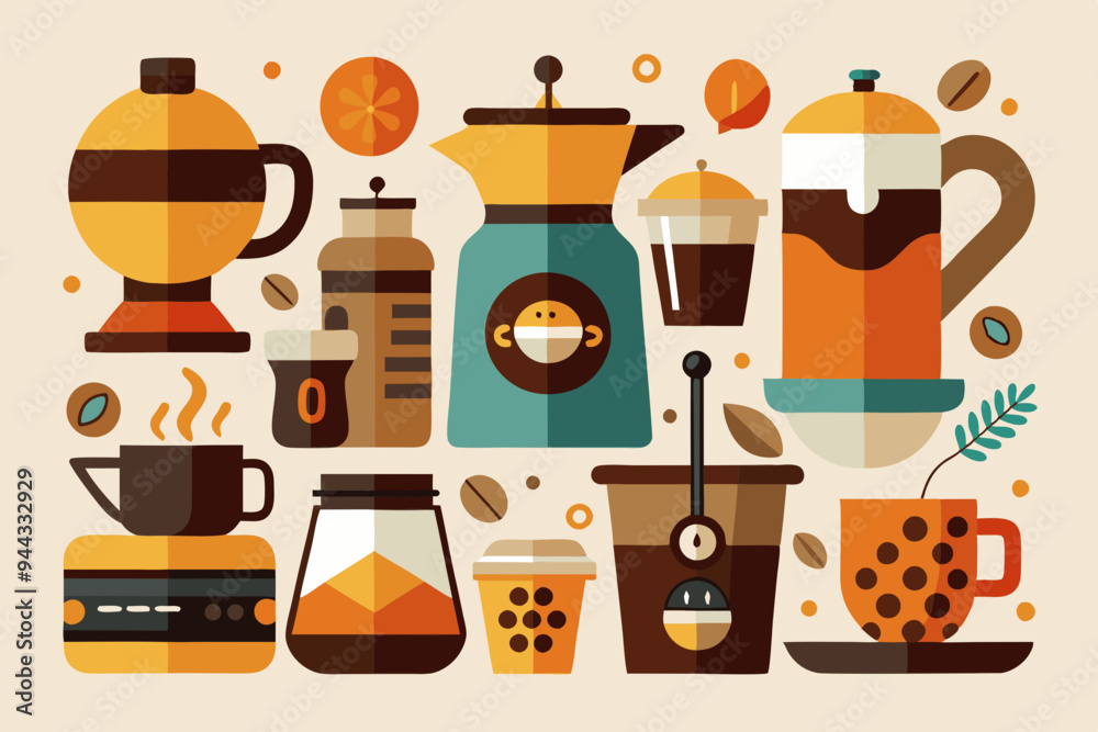 Fototapete this set of clean, simple illustrations showcases various coffee cups and brewing methods. ideal for