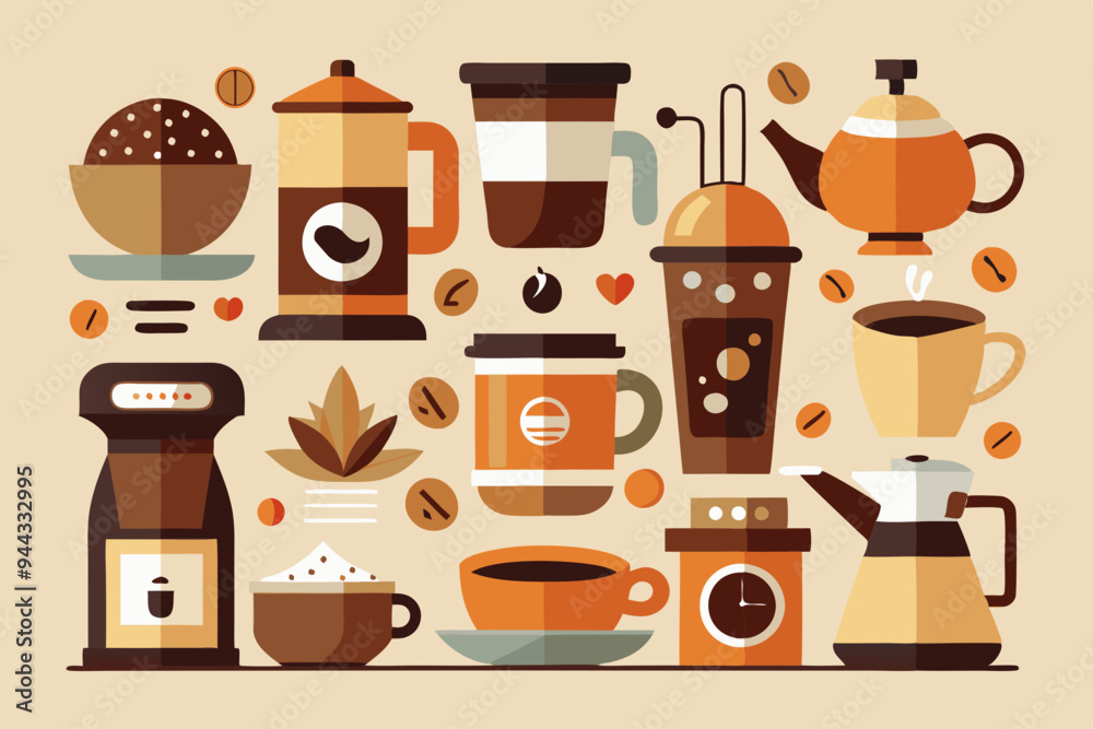 Fototapete this set of clean, simple illustrations showcases various coffee cups and brewing methods. ideal for