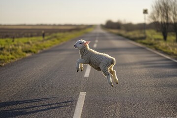 A lamb joyfully jumps in the middle of a serene country road lined with fields and trees under bright sunlight
