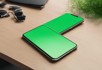 Mockup image of modern two smartphones with green screen on white wooden desktop


