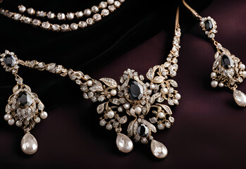 Elegant necklace and earrings with pearls on black background