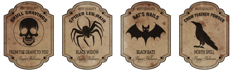 Halloween creepy Tags, bat, spider, skull, spider web, wolf, pumpkin, drink old tag, symbol vintage